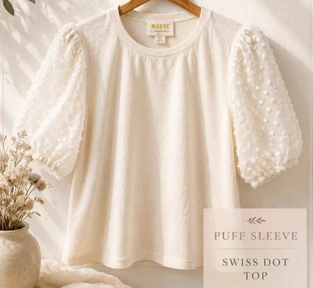 Maeve by Anthropologie Women’s Ivory Sheer Crewneck w/ Swiss Dot Puff Sleeve XL